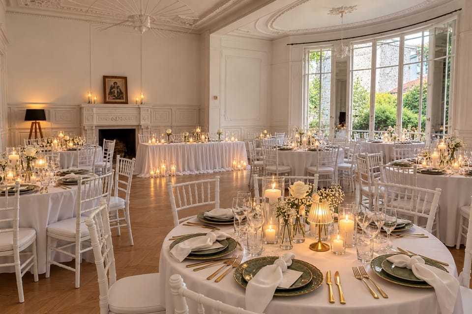 Salle de réception du 119 dressée aux chandelles pour un baptême : tables rondes, chaises blanches et baies vitrées sur le jardin