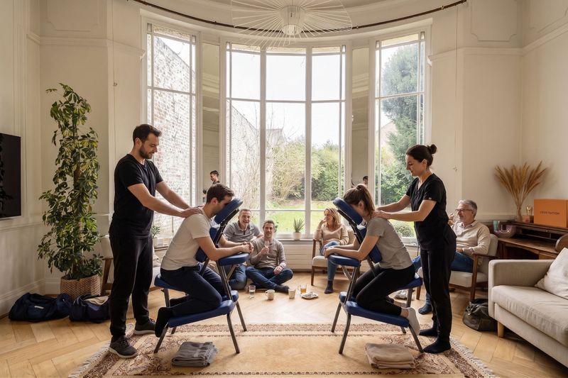 Deux praticiens proposent des massages détente sur chaise ergonomique dans le grand salon du 119, pendant que les autres participants se détendent