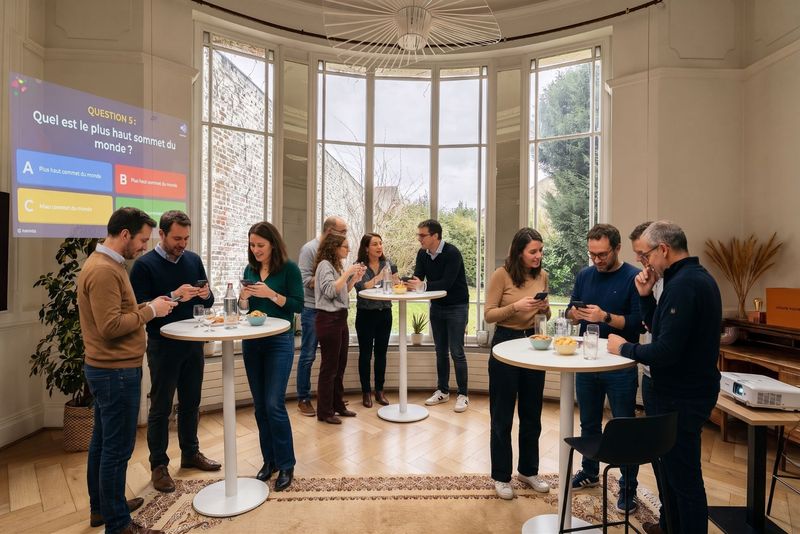 Collègues en pleine partie de quiz dans le grand salon du 119, smartphones en main devant une question projetée au mur