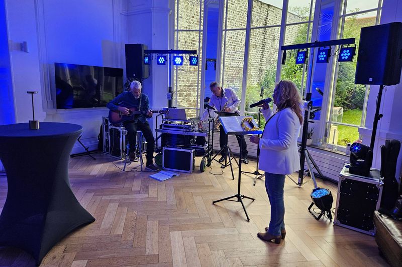 Trio de musiciens (guitare, saxophone et chant) en concert privé dans le grand salon du 119, éclairé de lumières bleues