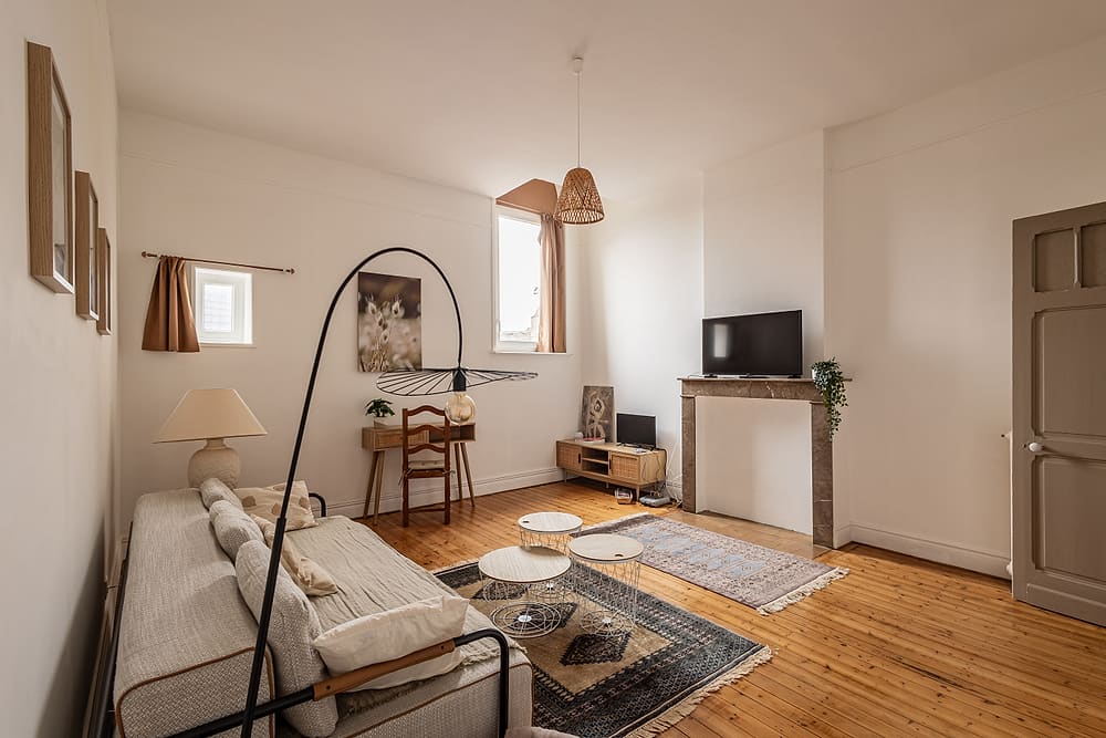 Salon avec cheminée, télévision et lampadaire, appartement #3 du 119 à Valenciennes