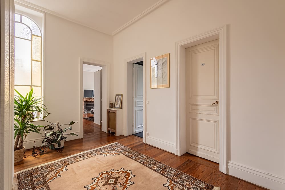 Couloir d'entrée de l'appartement Prestige #1 du 119 à Valenciennes : tapis, plantes et portes anciennes