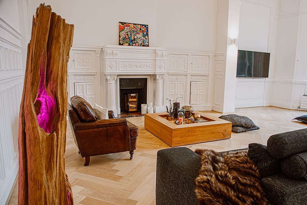 Salon, cheminée en marbre et fauteuil en cuir de l'appartement Prestige #1 du 119 à Valenciennes